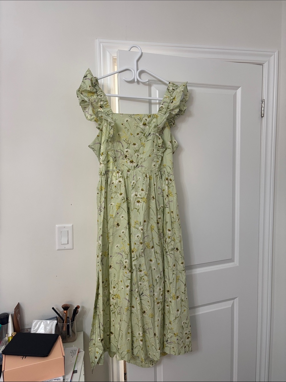 H&M Light Green Floral Midi Dress with Ruffle Straps